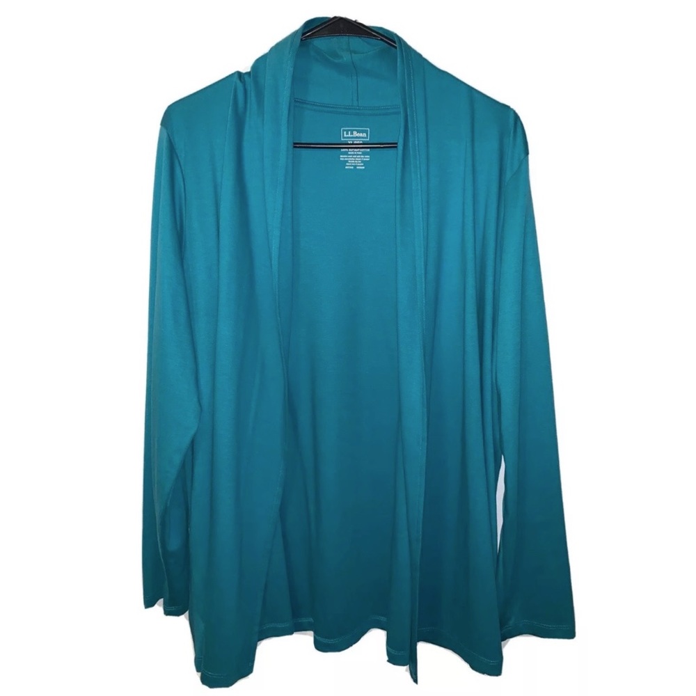 LL Bean Women’s XL-Regular 100% Supima Cotton Open Front Cardigan Aqua Blue EUC
